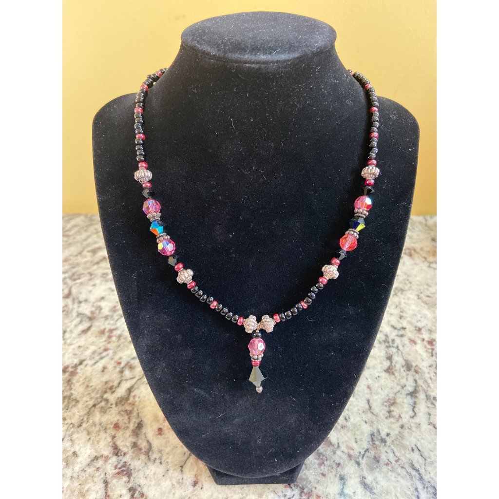 Emily Ray Swarovski Crystal Beaded Necklace Black Pink Boho Handmade Jewelry